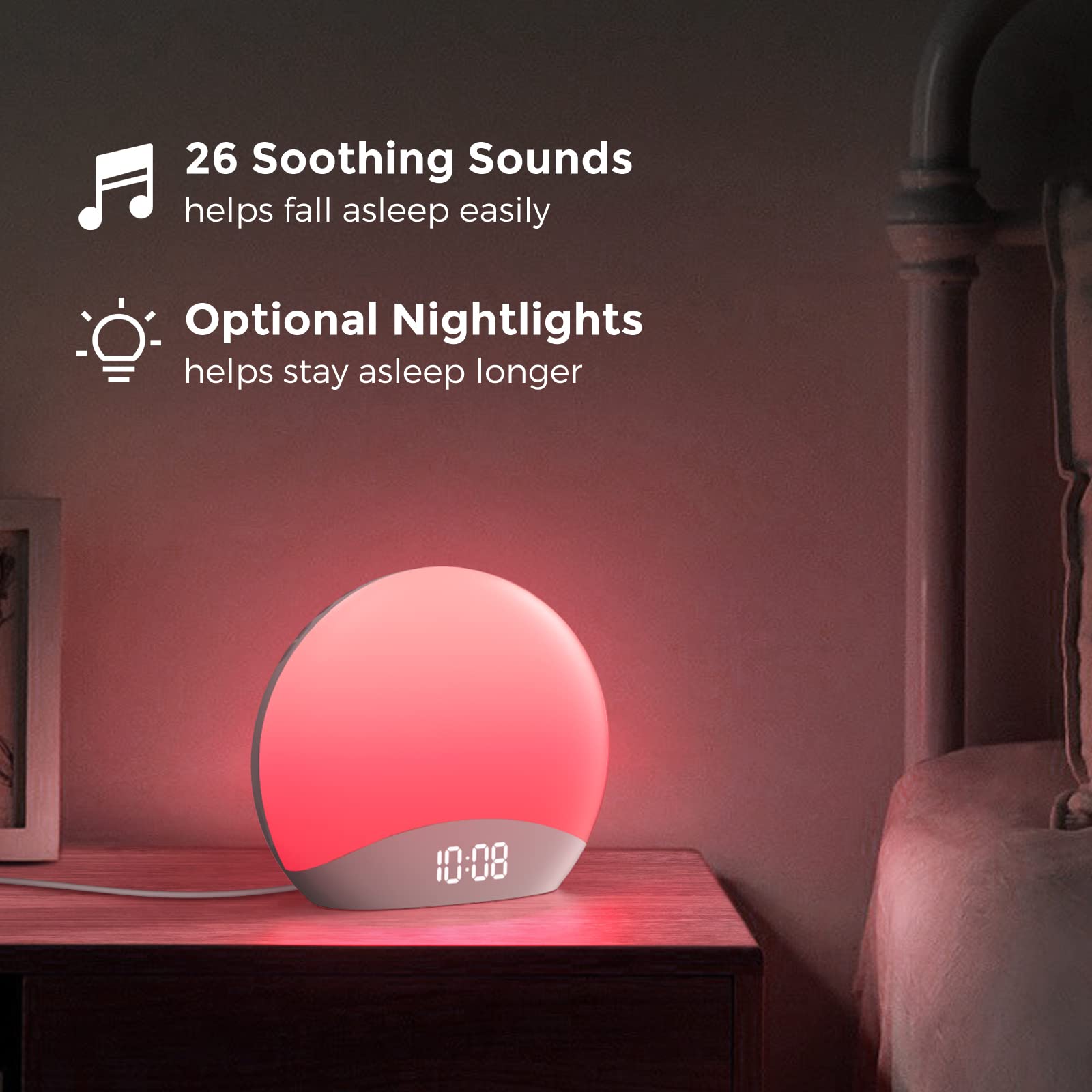 Reacher Sound Machine Sunrise Alarm Clock With Night Light, 26 Nature Inspired Sleep Sounds, 0-100% Dimmable Clock, Sunrise Lamp